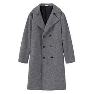 Classic men's double-breasted grey wool trench coat with wide lapels and refined texture