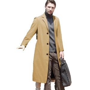 Classic men's long wool coat in camel featuring notch lapels and a single-breasted design