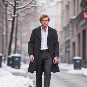 Men's Long Double Breasted Woolen Overcoat Winter Business Casual Slim Fit Lapel Jacket Outwear Polyester Wool Blend