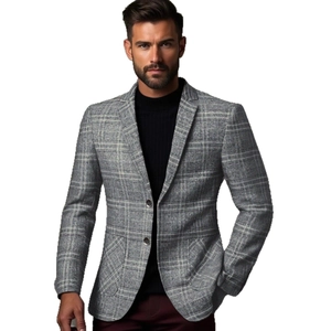 Men's light grey plaid blazer jacket in single-breasted design for smart casual wear