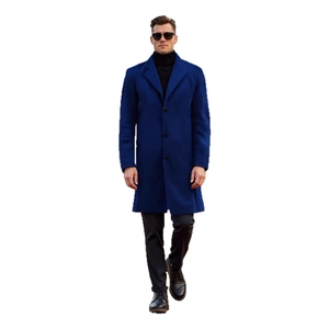 Classic dark blue slim fit wool coat for men with a mid-length cut and three-button closure