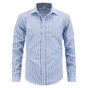 Men's slim fit long sleeve business shirt with light blue vertical stripes and classic collar