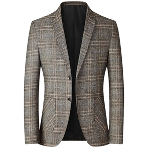 Men's casual striped blazer jacket in brown-grey with plaid pattern and classic lapel