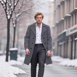 Classic double-breasted grey wool trench coat for men with a sophisticated winter city look