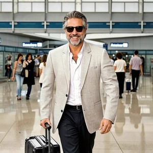 Men's light grey casual cotton blazer jacket for business travel in airport setting
