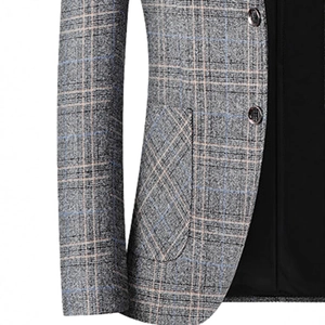 Business casual grey plaid suit jacket for men featuring subtle blue and orange stripes