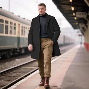 Men Mid Length Polyester Overcoat Slim Fit Notch Lapel Single Breasted Trench Coat Business Casual Solid Warm Winter Jacket