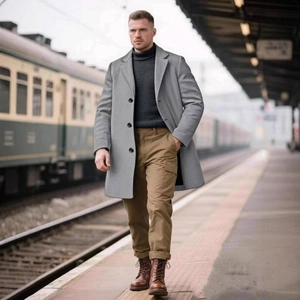 Men's slim fit light gray wool overcoat with notched lapel for autumn fashion look