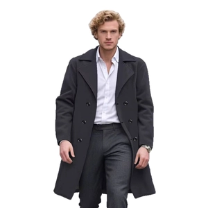 Classic double-breasted navy wool coat for men with a sophisticated long trench design