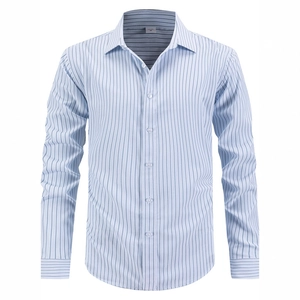 Light blue vertical striped men's business casual shirt with long sleeves and lapel