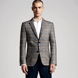 Men's slim fit casual light brown plaid blazer jacket with two buttons and notch lapels