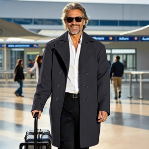 Navy blue double-breasted wool trench coat for men with classic lapels for business wear