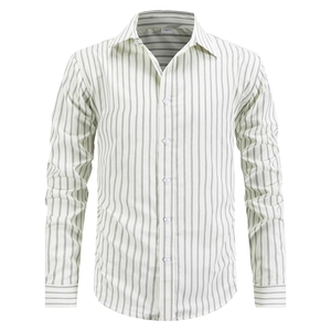 Chemise rayée décontractée à manches longues pour hommes avec col rabattu en beige clair