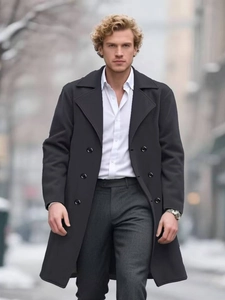 Classic double-breasted long wool coat for men with elegant lapel in dark grey color