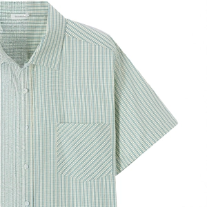 Camicia casual da uomo a maniche corte con strisce verticali ciano e colletto classico