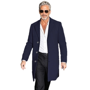 Slim fit navy blue wool coat for men featuring a classic single-breasted three-button design