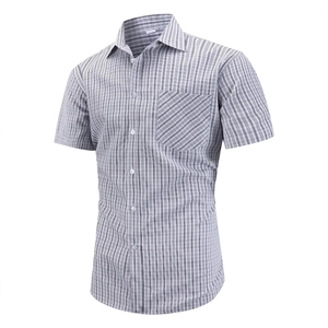 Men's business casual short sleeve plaid shirt with lapel collar and chest pocket