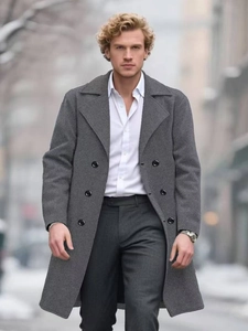 Classic men's double-breasted wool overcoat in mid-grey for a stylish winter business look