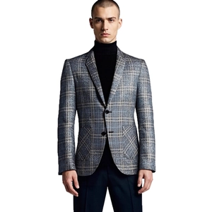 Slim fit men's casual grey plaid blazer with two buttons and notch lapel