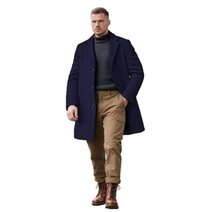 Men's navy wool coat with charcoal turtleneck, khaki trousers and brown leather boots