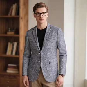 Men's slim fit casual blazer in textured grey fabric with a classic two-button design