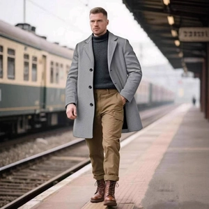 Elegant slim fit light grey men's wool blend overcoat with notched lapel and three buttons