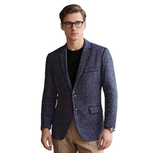 Men's slim fit navy blazer in textured polyester fabric with classic notch lapels
