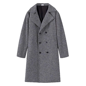 Cappotto lungo da uomo in misto lana grigio con doppio petto e revers classici neri