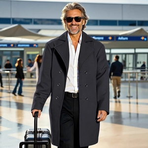 Classic navy blue double-breasted wool overcoat for men in a stylish airport street setting