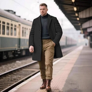 Men's slim fit black wool coat with notch lapel and buttons in outdoor business style