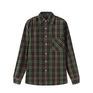 Classic green and brown plaid long-sleeved shirt with button collar and chest pocket