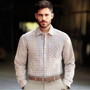 Classic blue and orange plaid long sleeve dress shirt for men featuring a chest pocket