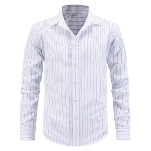 Men's slim fit long sleeve dress shirt with blue vertical stripes and point collar