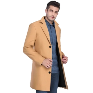 Men's slim fit camel wool coat with notched lapel and stylish business casual design