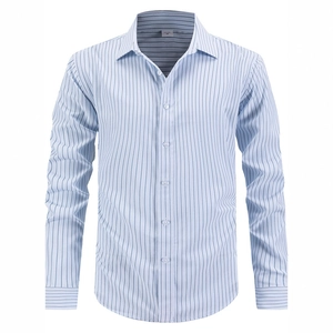 Men's light blue striped business casual long-sleeved shirt with classic button-down collar