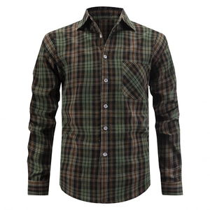 Classic men's long-sleeve plaid shirt in dark green and brown with a front chest pocket