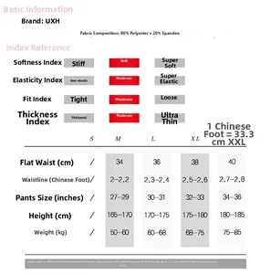 Size chart for cartoon swim shorts showing M to XXL dimensions and material specifications