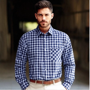Mens blue and white plaid long sleeve business casual shirt with chest pocket