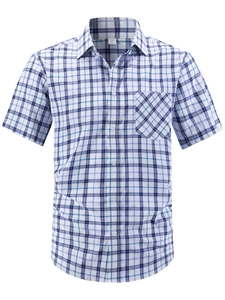 Detail of a men's plaid short sleeve shirt featuring a front chest pocket and lapel collar