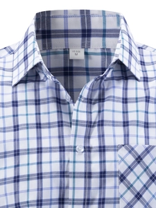 Detail of blue plaid cotton shirt with US size M label and diagonal chest pocket