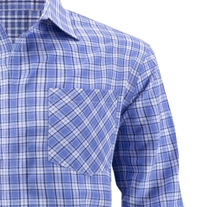 Classic blue and white checkered long sleeve men's shirt with chest pocket on mannequin
