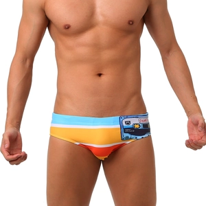Men's retro cassette tape print swim briefs with colorful striped elastic fabric