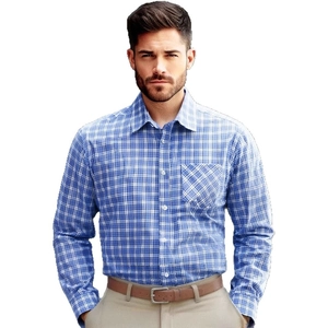 Classic blue and white checkered long sleeve dress shirt for men with chest pocket
