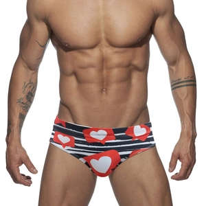 Men Swim Trunks Quick Dry High Elasticity Beach Striped Red Heart Print Fashion Athletic Swimwear Briefs For Vacation Surf