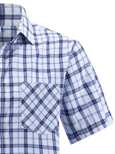 Detail of classic plaid short-sleeved shirt featuring a standard collar and diagonal pocket