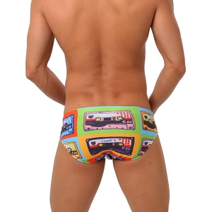 Men Sexy Vintage Cassette Tape Print Swim Briefs Polyester Spandex Low Waist Stretchy Quick Dry Swimwear Beach Pool Party