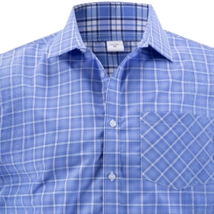 Men's blue and white checkered shirt with button-down collar and chest pocket details