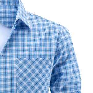 Men's blue and white checkered shirt with a detailed front pocket and classic collar