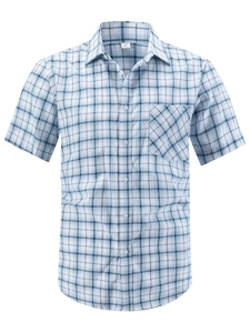 Detail of blue plaid business casual shirt showing collar button and US size M label