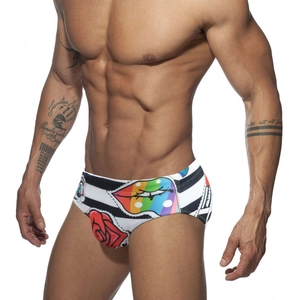 Men's pop art swim briefs with black white stripes and colorful lip rose patterns